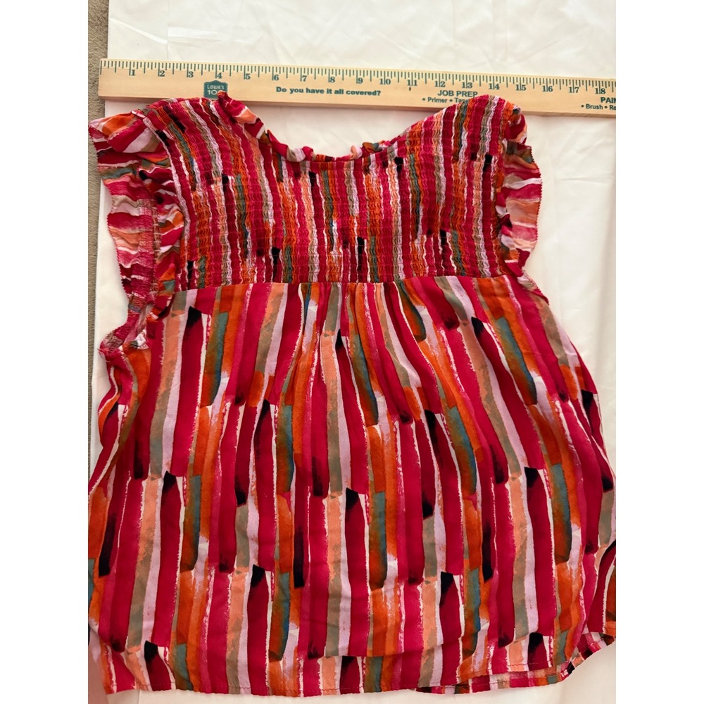 THML Multi Color Abstract Stripe Smocked Ruffle Sleeveless Blouse Red Pink XS